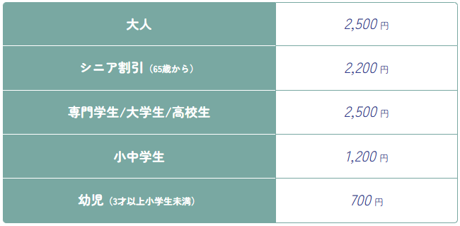 成人 2,500円、長者 2,200円、小中學生 1,200円、幼兒(3歲以上)700円